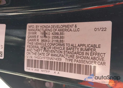 2022 Honda Accord Lx z USA, uszkodzony, nr VIN 1HGCV1F10NA014309